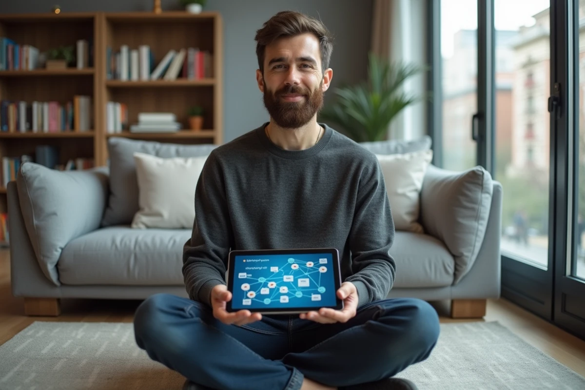 Consultant en référencement naturel étudiant un graphe de réseau de liens entrants sur une tablette dans un bureau à domicile