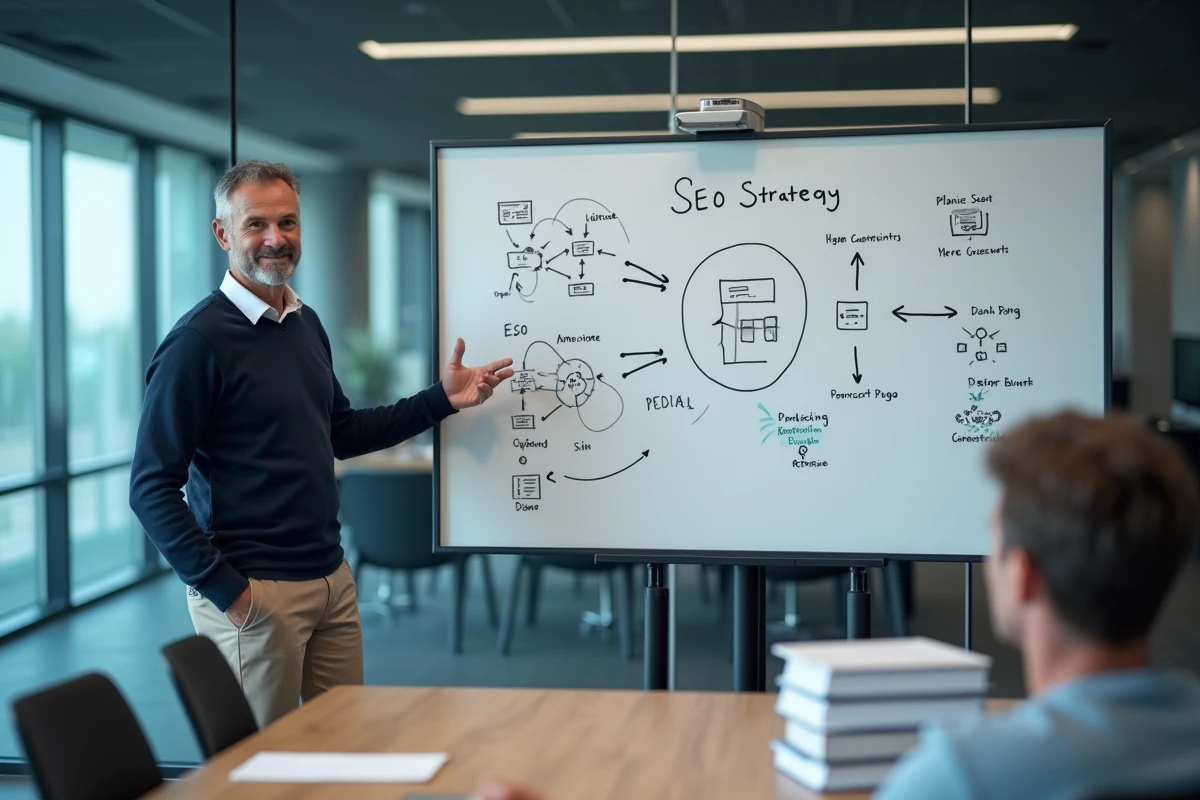 Consultant SEO présentant une stratégie de référencement Google sur un tableau blanc en salle de réunion