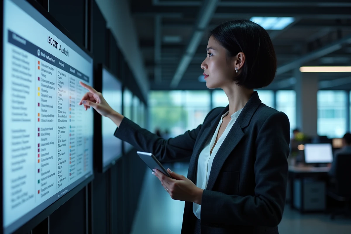 Consultante en cybersécurité présentant une liste de contrôle d'audit ISO 27001 sur un écran mural dans une salle informatique