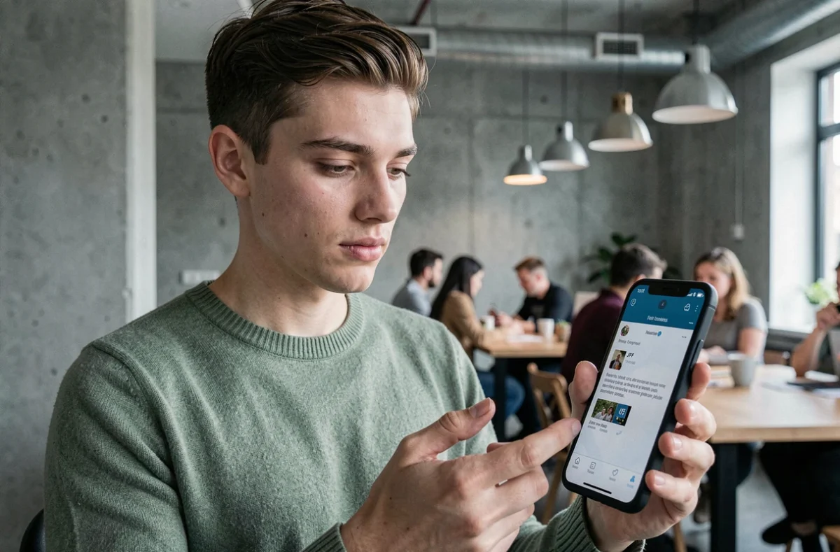 Jeune professionnel consultant une pièce jointe au format JFIF reçue par email sur smartphone dans un espace de coworking moderne