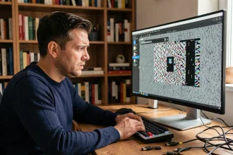 Homme frustré devant un écran affichant une vidéo pixelisée après conversion en MP4