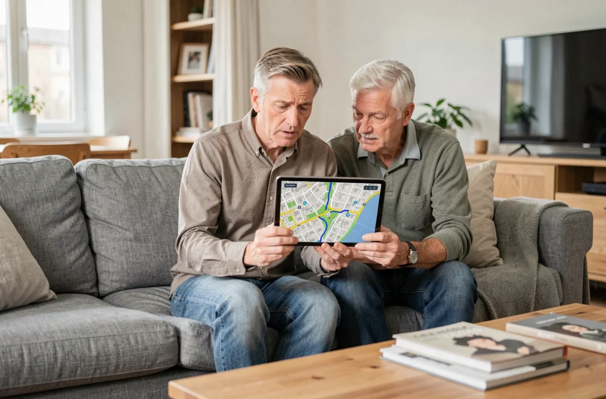 Couple consultant une carte de couverture fibre SFR sur une tablette dans leur salon