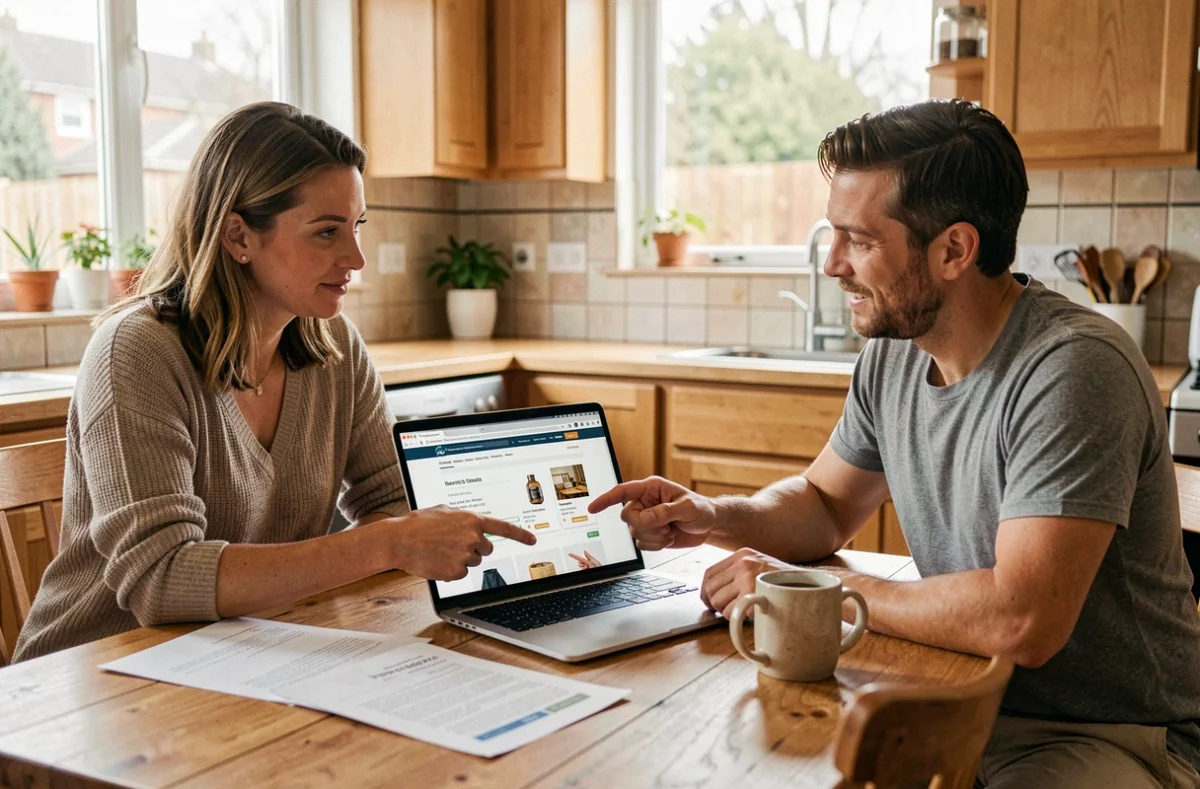 Couple de parents comparant tablettes et téléviseurs sur un site de comparatif numérique pour équiper leur famille