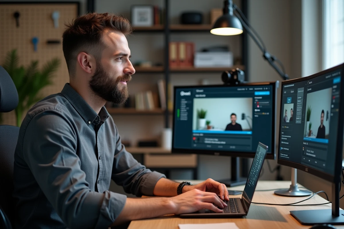 Homme créateur de contenu filmant une vidéo pour les réseaux sociaux dans un bureau à domicile avec écrans et équipement