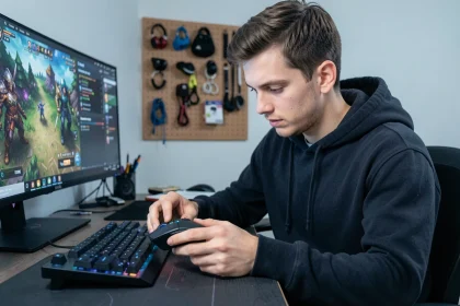 Jeune homme examinant une souris MMO gaming à boutons multiples devant un écran affichant un MMORPG