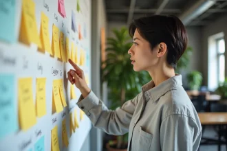 Cheffe de produit pointant des post-its organisés par fonctionnalités sur un tableau blanc en open space moderne