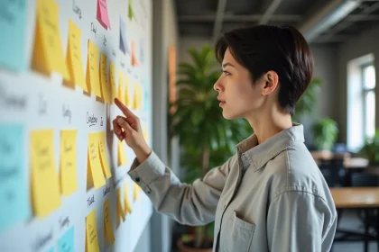 Cheffe de produit pointant des post-its organisés par fonctionnalités sur un tableau blanc en open space moderne