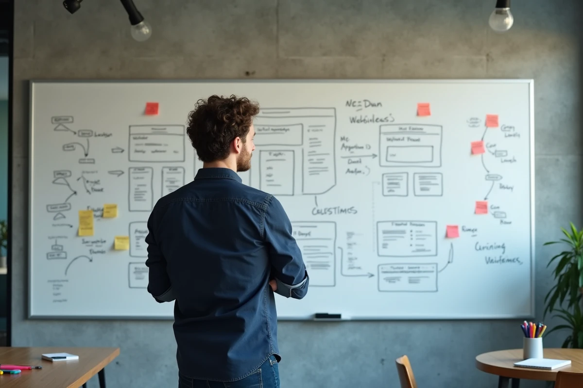 Un designer UX debout devant un tableau blanc couvert de wireframes et de schémas de parcours utilisateur
