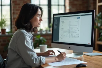 Une designer web analyse l'ergonomie et la structure d'un site web sur un grand écran dans un bureau moderne