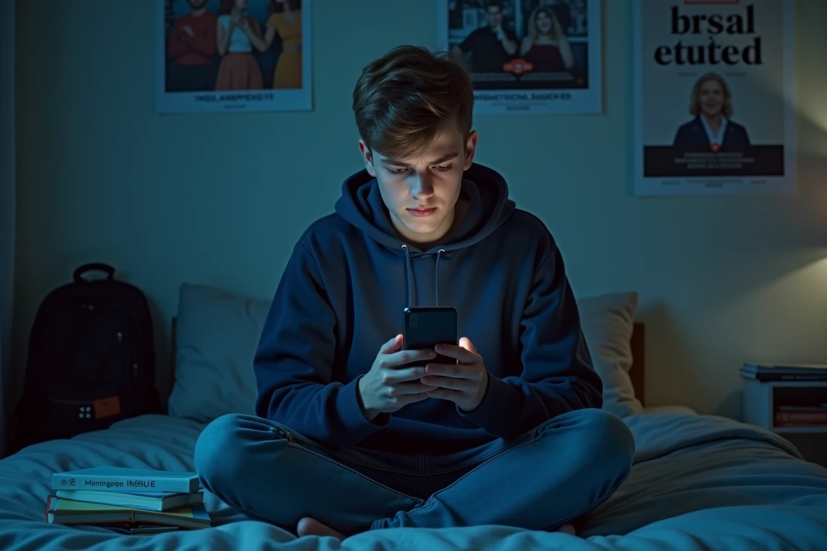 Adolescent sceptique lisant une fausse information sur son smartphone dans sa chambre, illustrant les risques de désinformation sur Internet