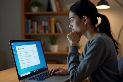 Femme réfléchissant à la désinstallation de OneDrive sur son ordinateur portable Windows dans un bureau à domicile