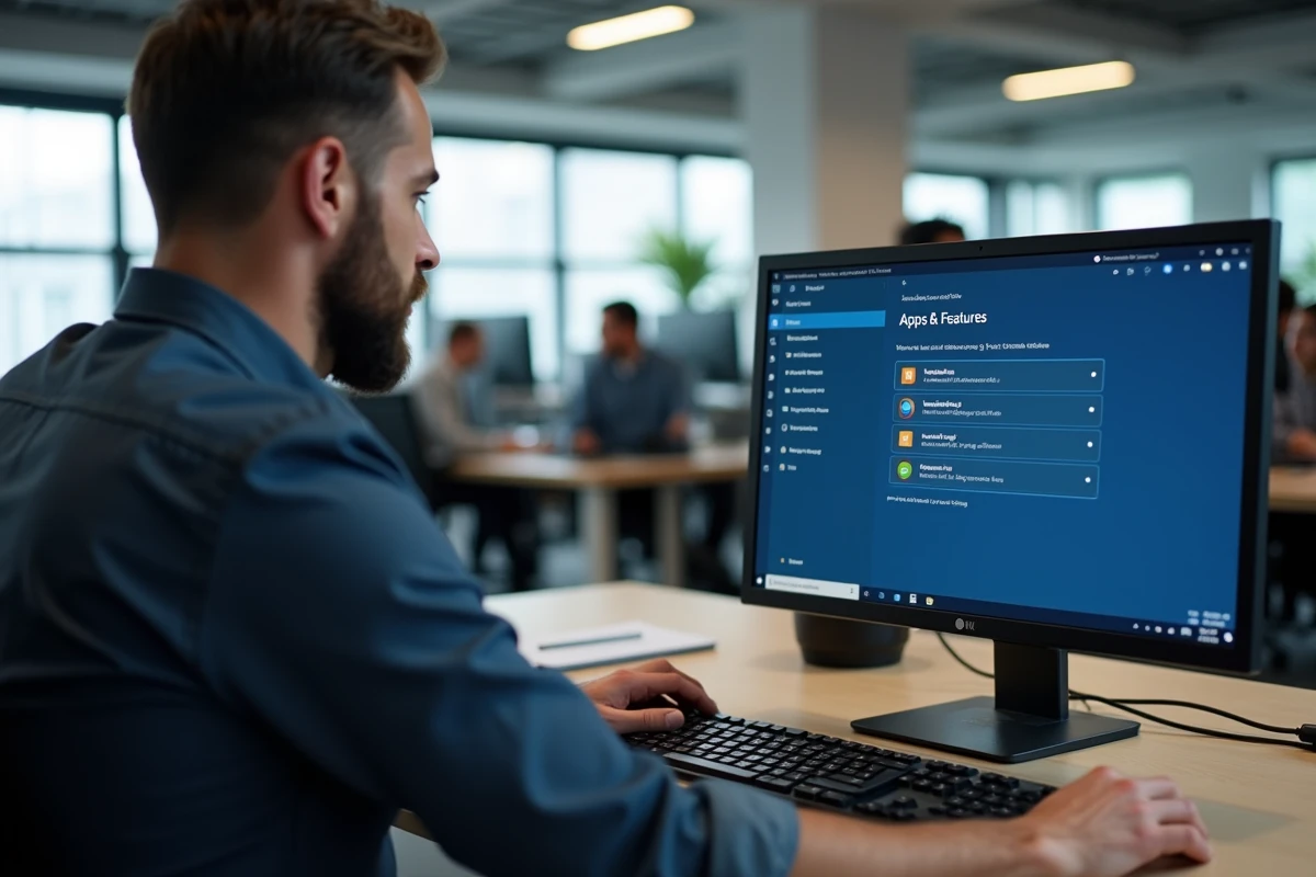 Homme en bureau professionnel examinant les paramètres Windows pour désinstaller OneDrive de son PC