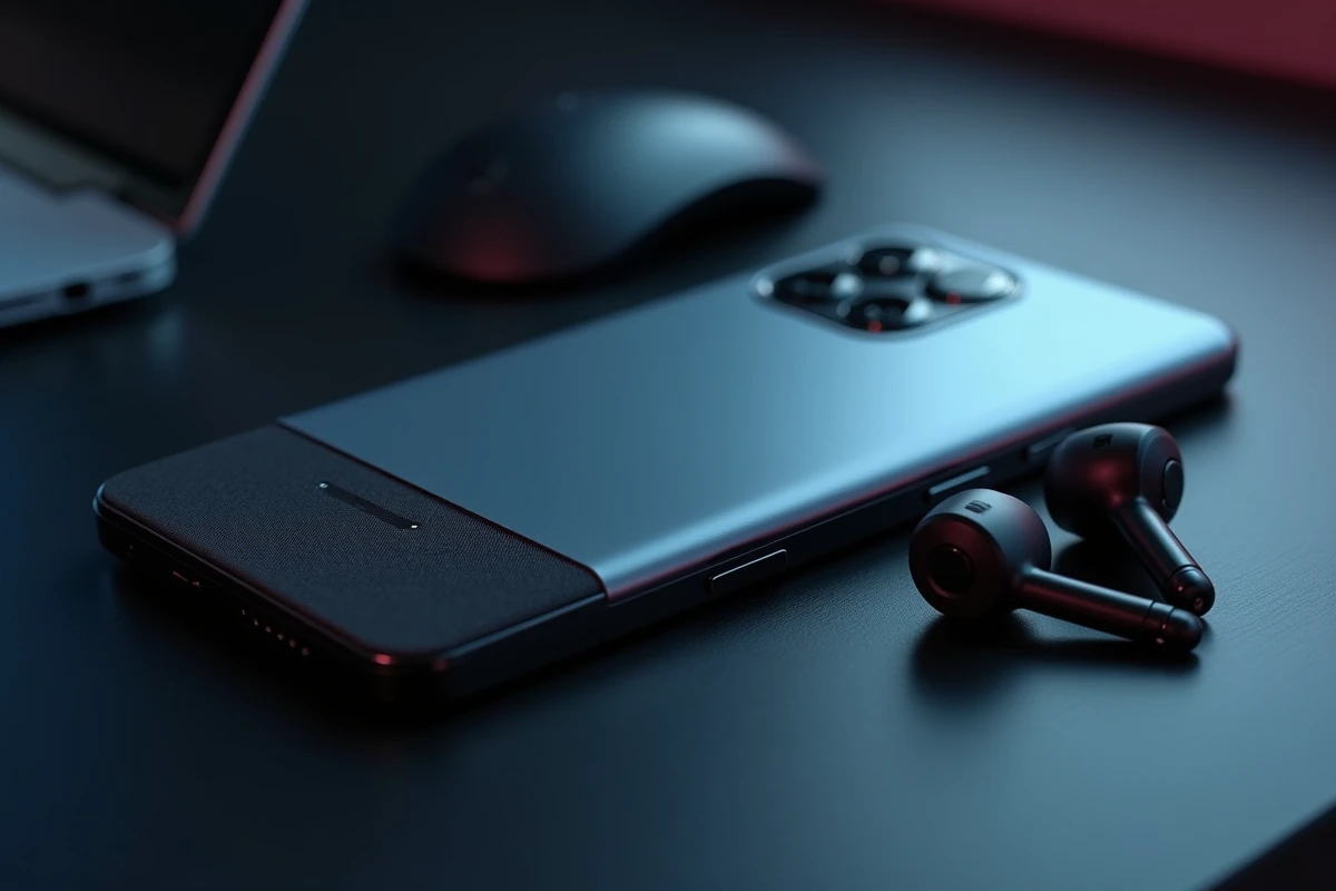 Gros plan sur le dos d'un smartphone gaming haut de gamme avec module photo et matériaux texturés