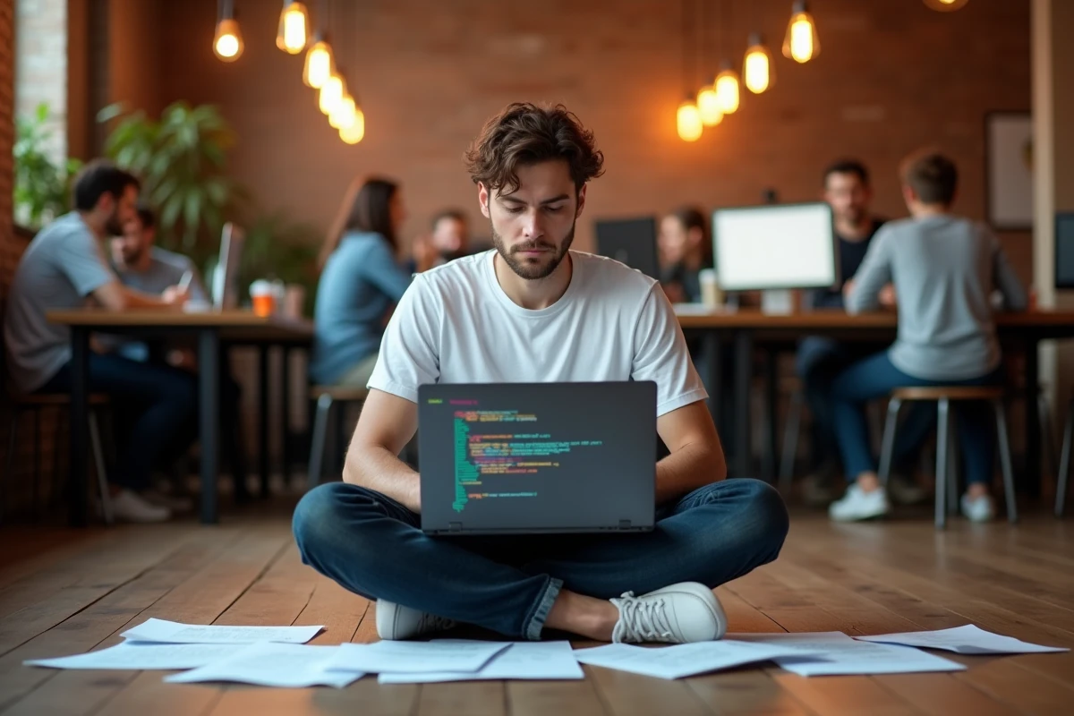 Jeune développeur analysant des données avec Python sur un ordinateur portable dans un espace de coworking créatif