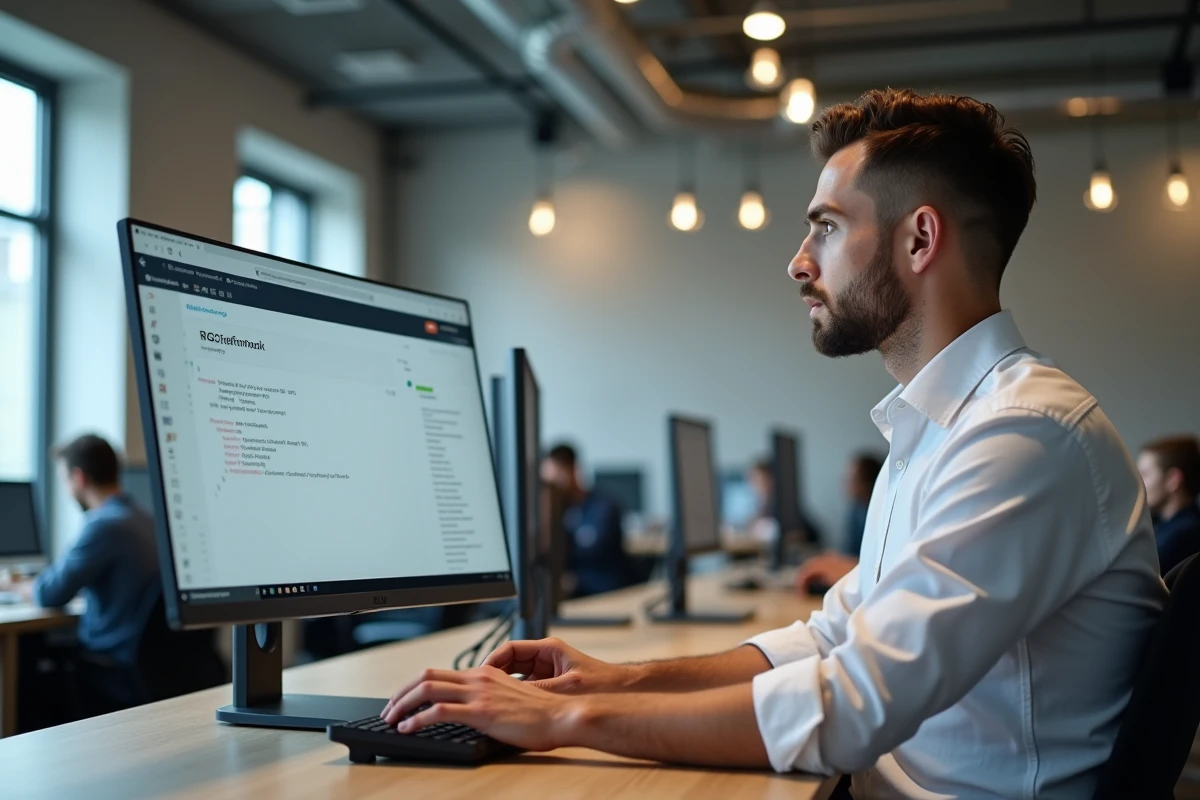 Développeur consultant une documentation API sur grand écran dans un bureau open space moderne