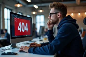 Développeur web face à une erreur 404 sur son écran dans un bureau moderne
