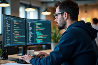 Développeur web concentré devant deux écrans affichant du code JavaScript et des frameworks web modernes dans un bureau open-space