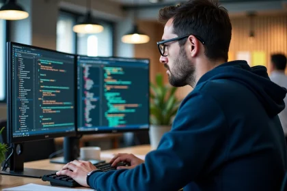 Développeur web concentré devant deux écrans affichant du code JavaScript et des frameworks web modernes dans un bureau open-space