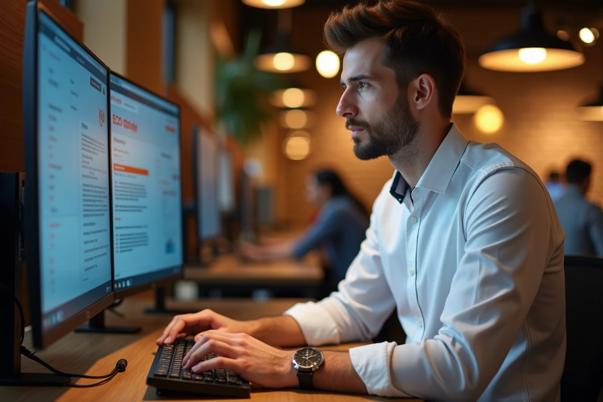 Un développeur utilisant un outil d'IA pour optimiser le contenu SEO dans un espace de coworking moderne