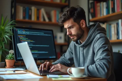 Développeur Python concentré sur la lecture de fichiers XML avec namespaces sur son ordinateur portable dans un bureau à domicile