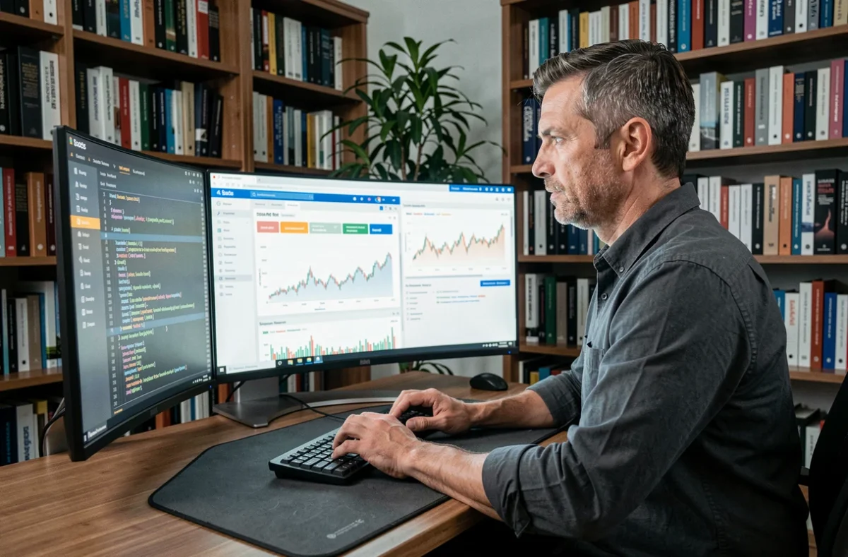Développeur senior travaillant sur plusieurs écrans affichant du code SaaS et des projections ROI dans un bureau privé moderne