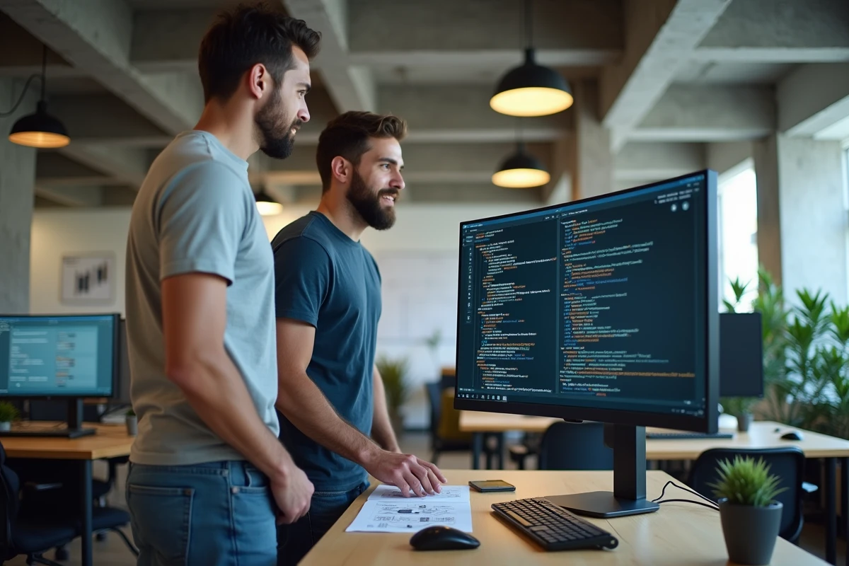 Deux développeurs collaborant sur des scripts de configuration NFV Cisco et des architectures réseau virtualisées dans un bureau technologique moderne