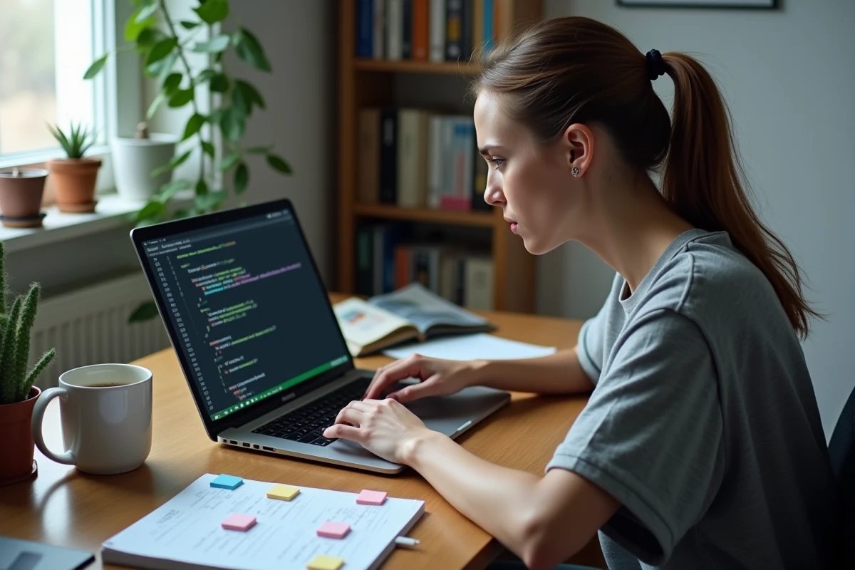 Développeuse déboguant une route Express.js avec erreur 404 depuis son bureau à domicile