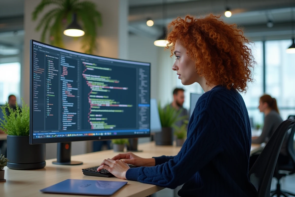 Développeuse analysant du code Python de parsing XML avec namespaces sur un grand écran dans un open space moderne