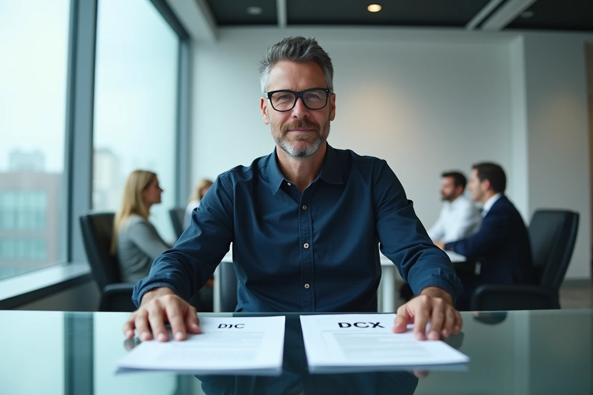 Homme en bureau comparant deux documents imprimés au format DOC et DOCX sur un bureau en verre