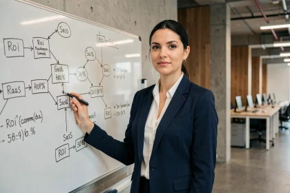 Directrice de projet SaaS présentant des indicateurs ROI sur un tableau de verre dans un bureau technologique moderne