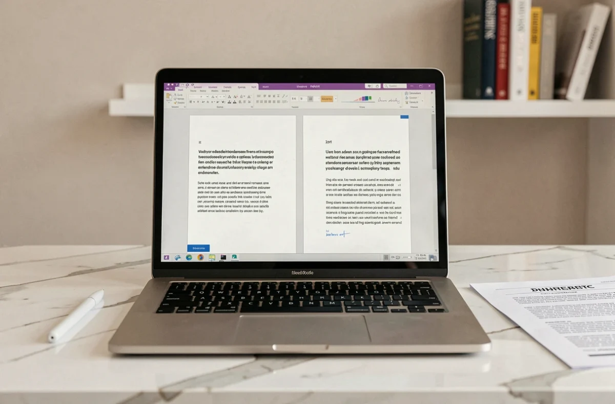 Écran d'ordinateur portable affichant un texte normal et son reflet inversé dans un document Word, posé sur un bureau en marbre blanc