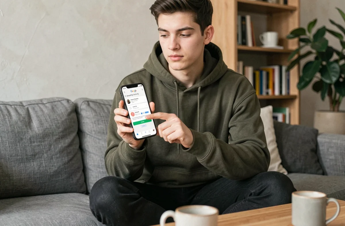 Jeune adulte effaçant ses traces d'activité Google sur smartphone depuis son salon