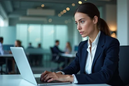 Employée suivant une formation en cybersécurité sur son ordinateur portable dans un bureau professionnel
