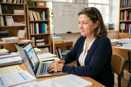 Enseignante normande consultant un outil numérique académique sur son ordinateur portable dans une salle de professeurs