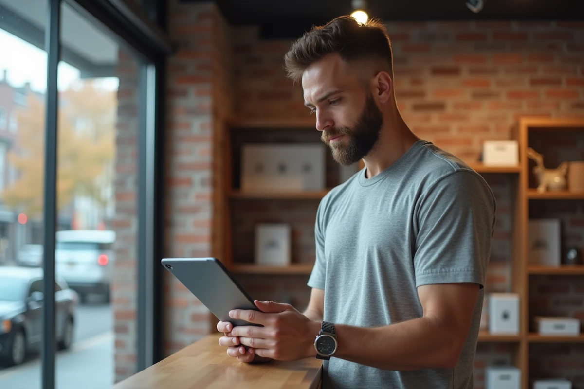 Entrepreneur analysant les statistiques de conversion sur une tablette dans une boutique physique connectée à Shopify