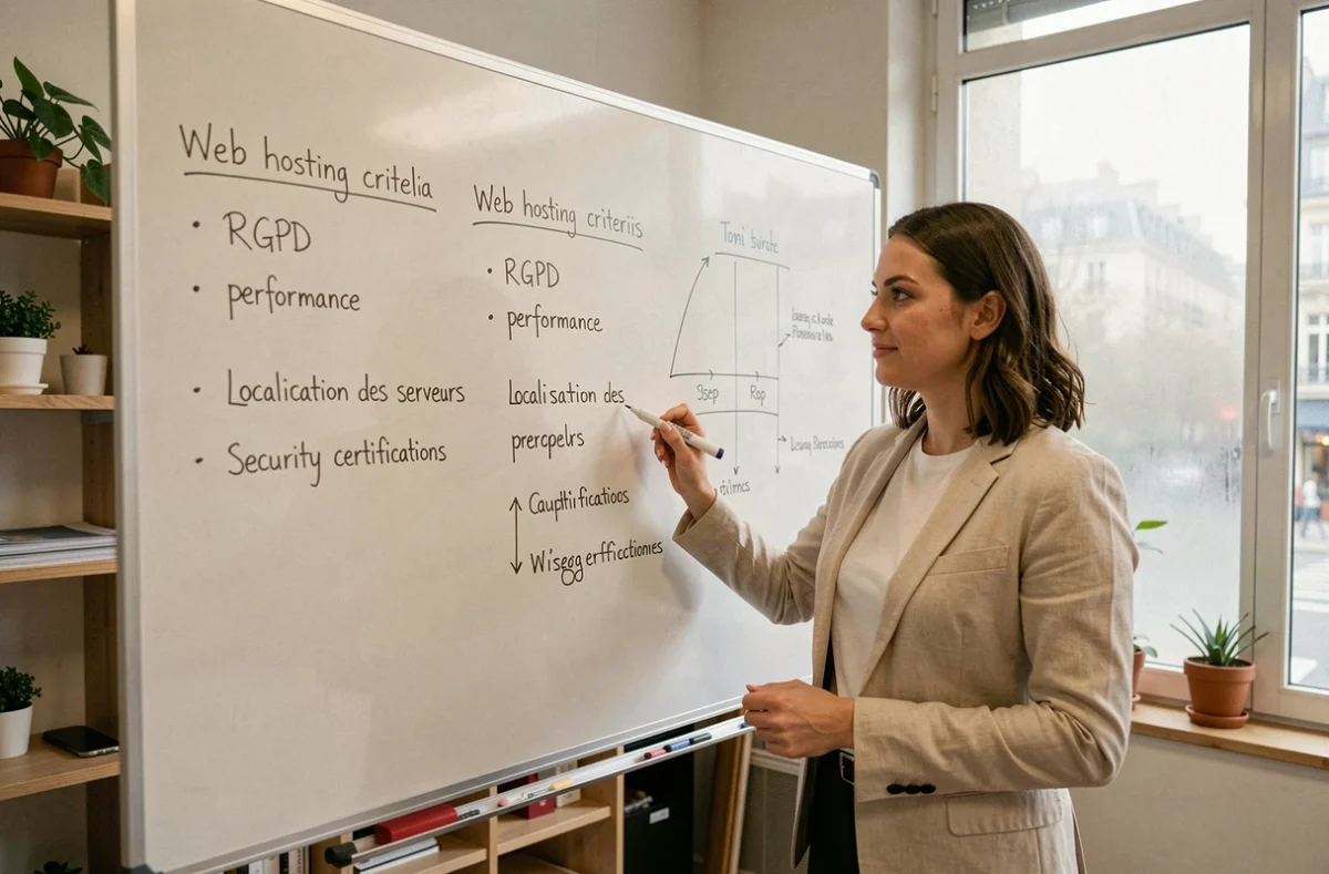 Entrepreneuse française analysant les critères de choix d'un hébergeur web sur un tableau blanc dans un bureau de startup