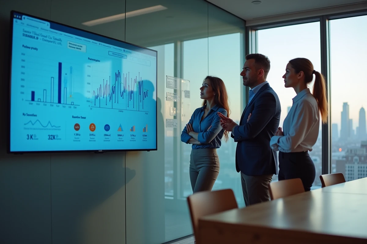 Équipe de professionnels analysant un tableau de bord de plateforme SaaS en salle de réunion