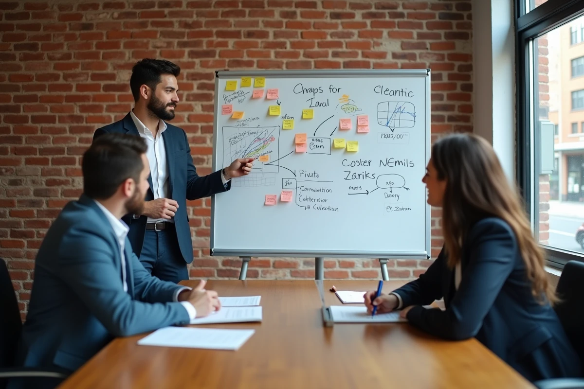 Équipe de professionnels en réunion brainstorming autour d'un tableau blanc avec des schémas d'optimisation de conversion