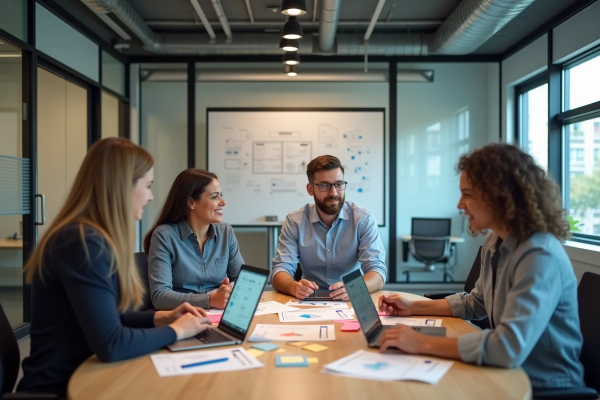 Équipe de professionnels discutant du choix d'une plateforme web autour d'une table avec des maquettes de sites