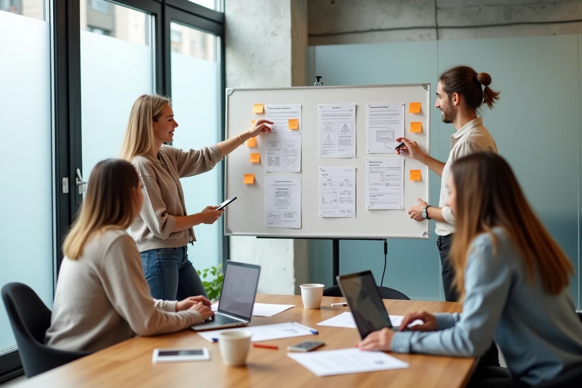 Une équipe de professionnels collabore autour de maquettes de site web pour définir les bonnes pratiques UX