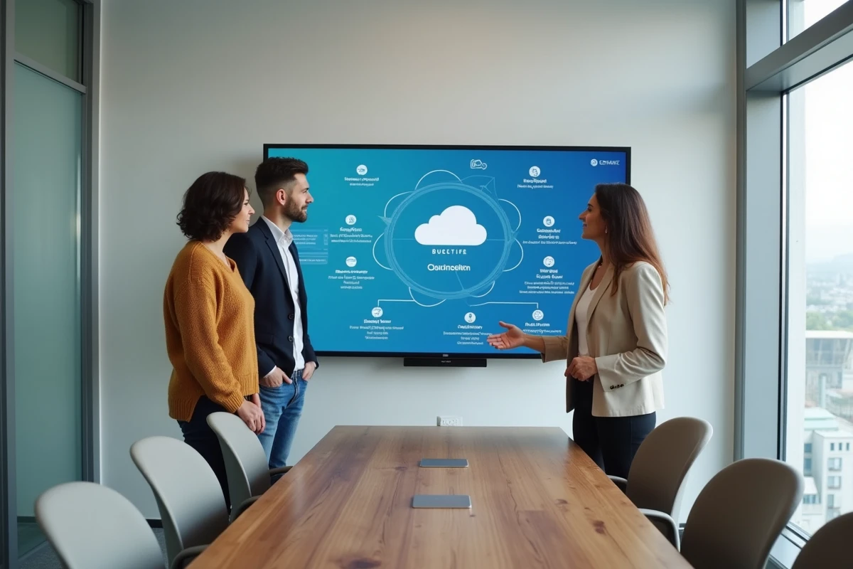 Équipe pluridisciplinaire collaborant sur une feuille de route cloud dans une salle de réunion