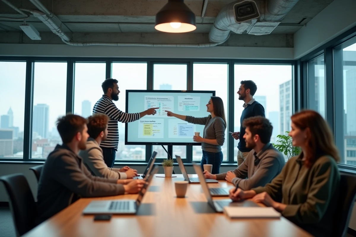 Équipe de développeurs web comparant les frameworks React, Laravel et Next.js sur un tableau blanc dans une salle de réunion moderne
