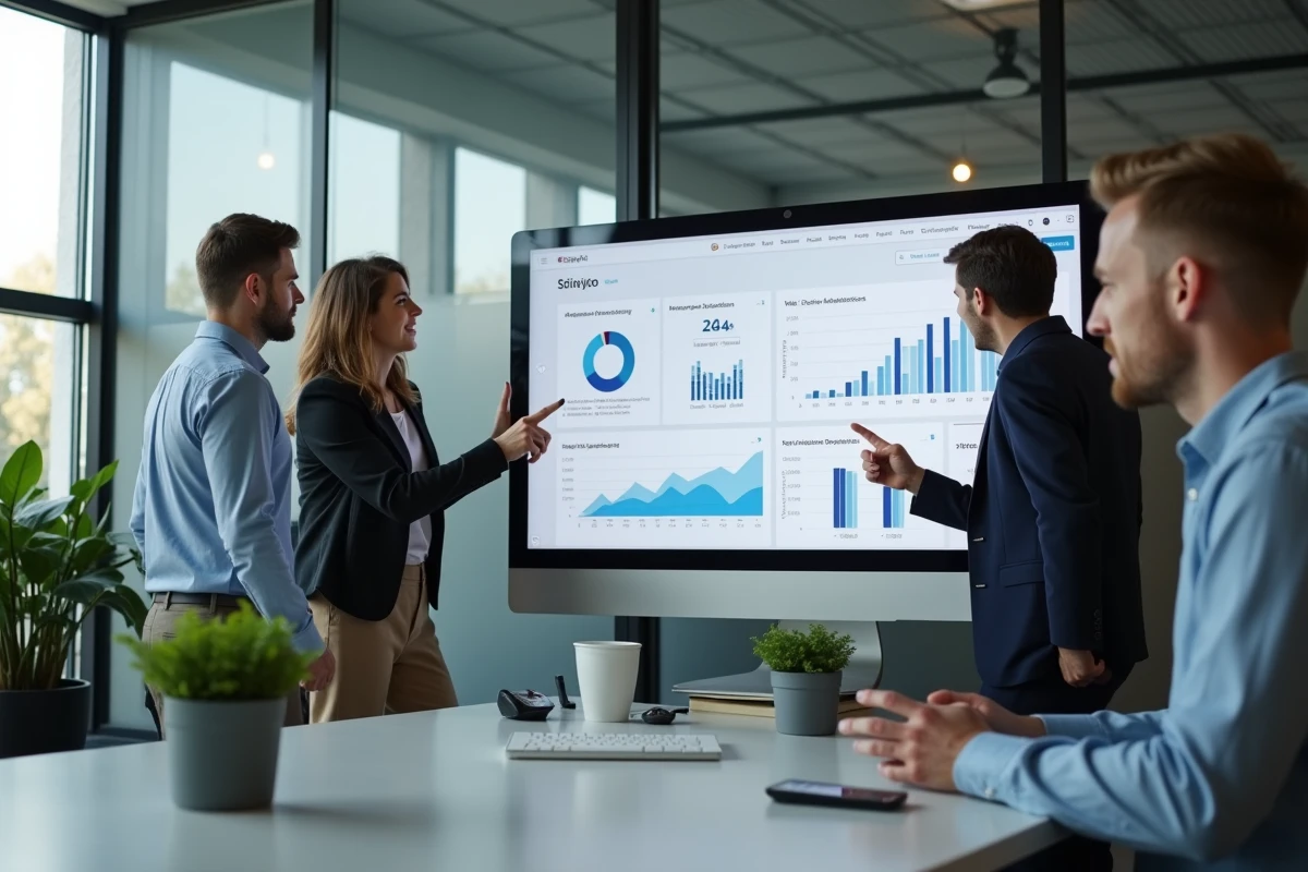 Équipe marketing analysant les statistiques de différents réseaux sociaux sur un écran en open space, pour définir la meilleure stratégie digitale selon les audiences cibles en 2026