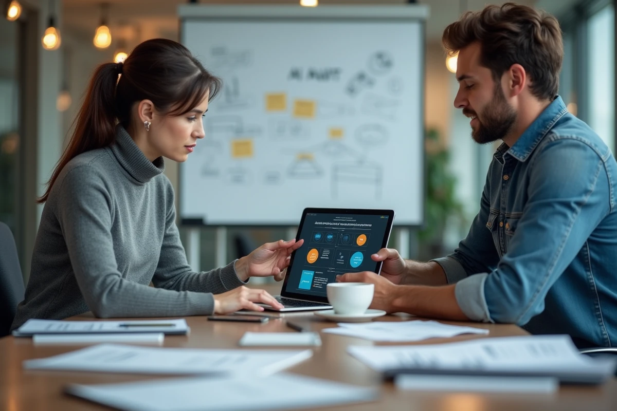 Deux professionnels du marketing collaborant sur une stratégie SEO assistée par intelligence artificielle en salle de réunion