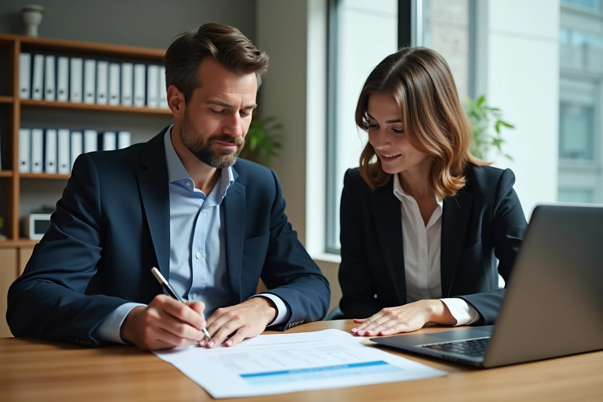 Deux professionnels collaborant sur un rapport d'audit ISO 27001 dans un bureau calme et organisé