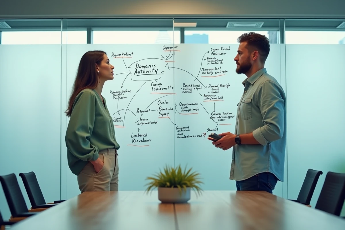 Deux spécialistes du SEO discutant d'une stratégie de backlinks devant un tableau blanc couvert de diagrammes de maillage de liens