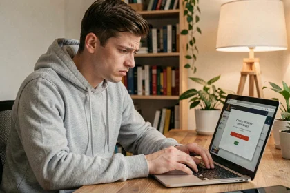 Jeune homme frustré devant un écran d'ordinateur affichant une erreur lors de l'activation Epic Games