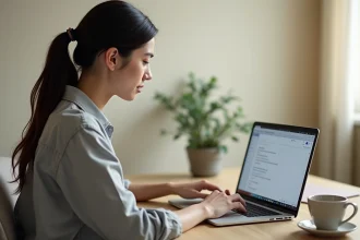 Femme tapant sur un clavier d'ordinateur portable dans un bureau minimaliste, affichant des caractères spéciaux dans un éditeur de texte