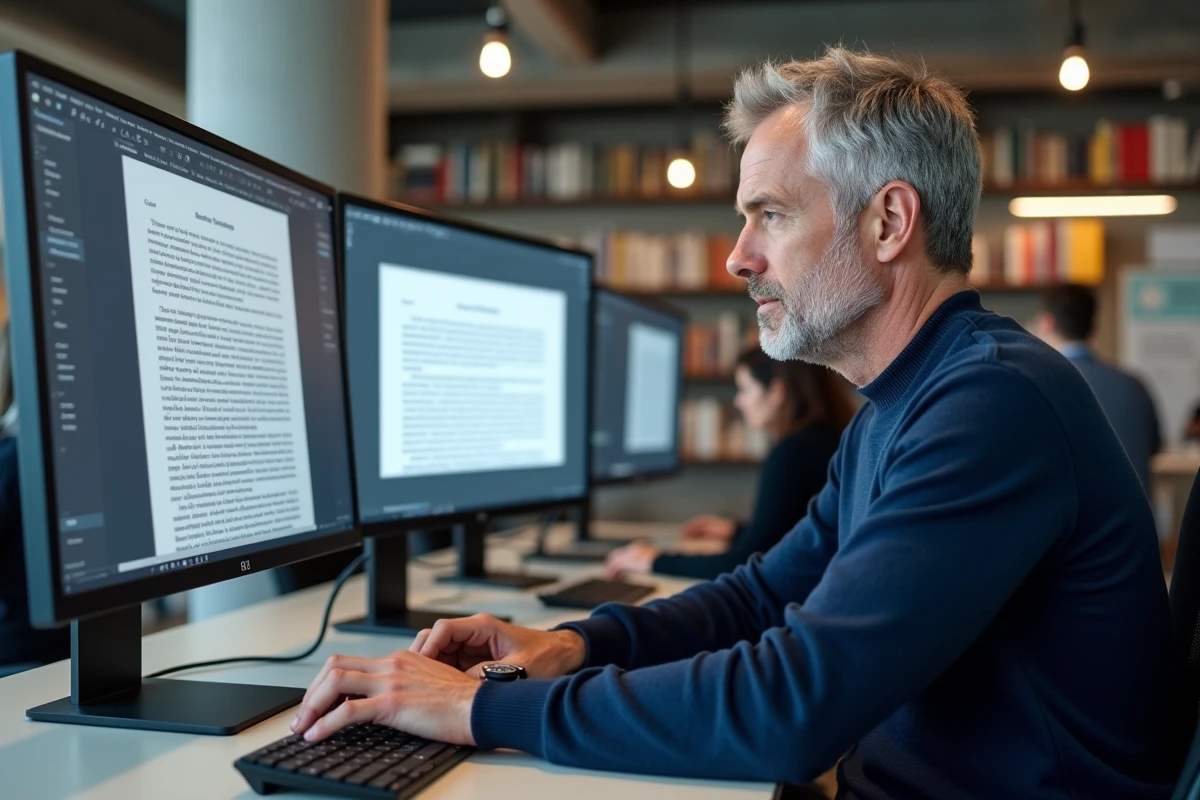 Homme examinant des symboles de formatage typographique sur un grand écran dans un bureau professionnel moderne