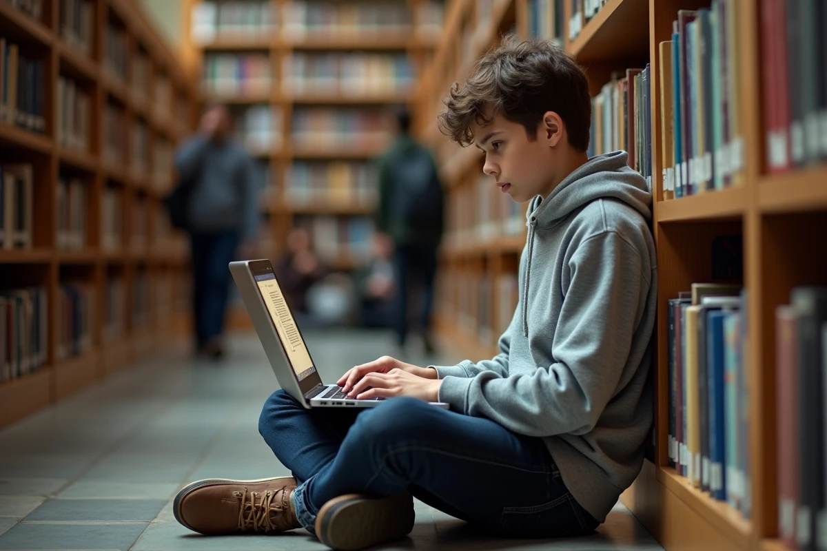 Jeune étudiant utilisant un logiciel de traitement de texte sur un ordinateur portable dans une bibliothèque universitaire